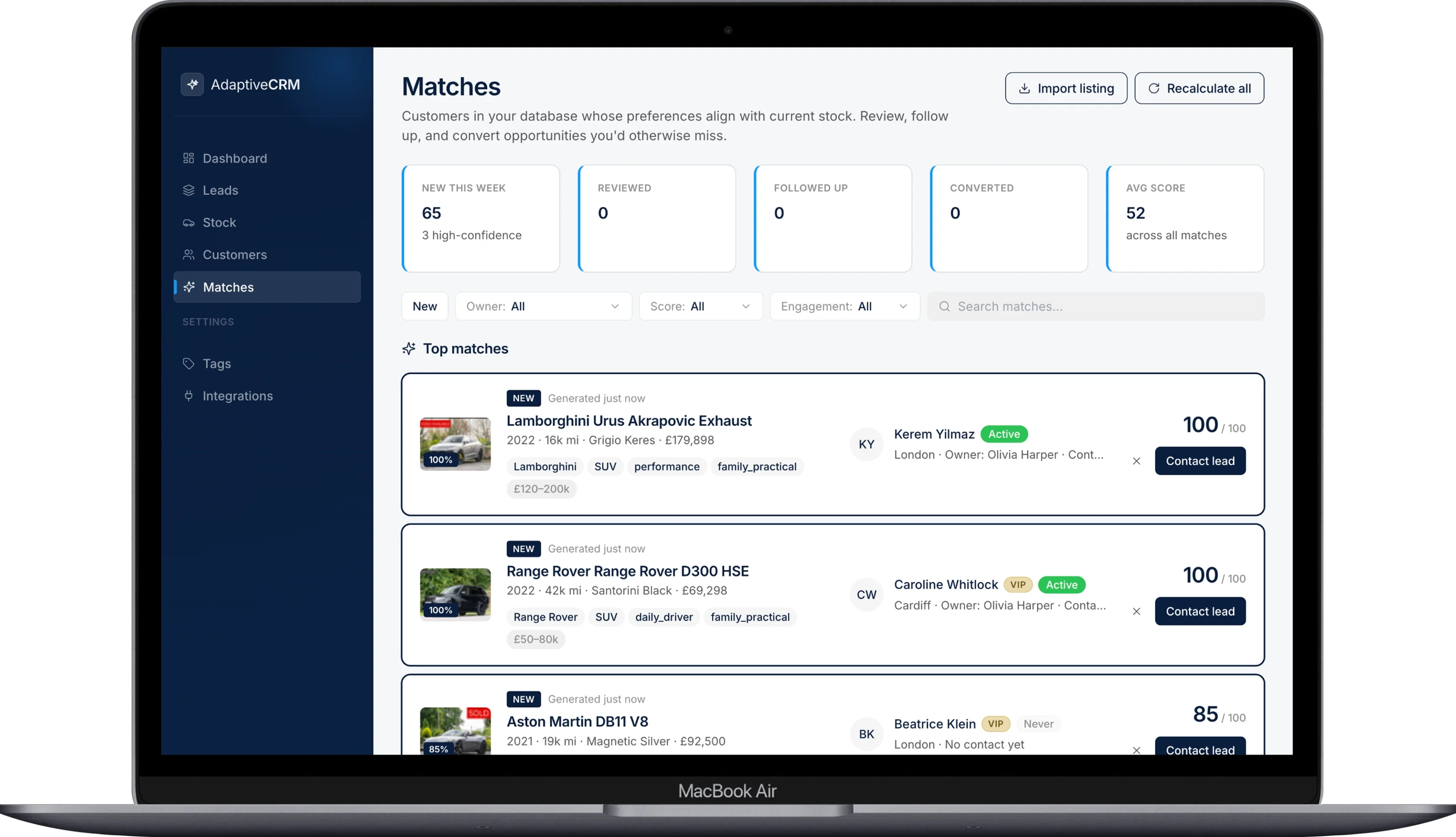 AdaptiveCRM — luxury car dealer CRM with AI-powered customer matching