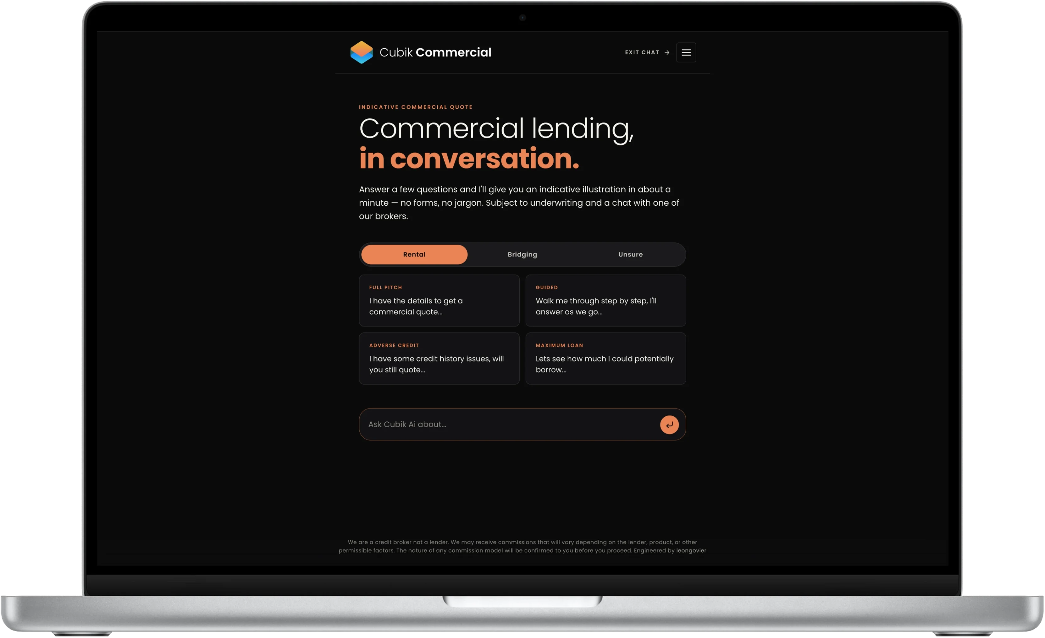 Cubik Commercial — AI-native lending platform homepage with conversational quote interface