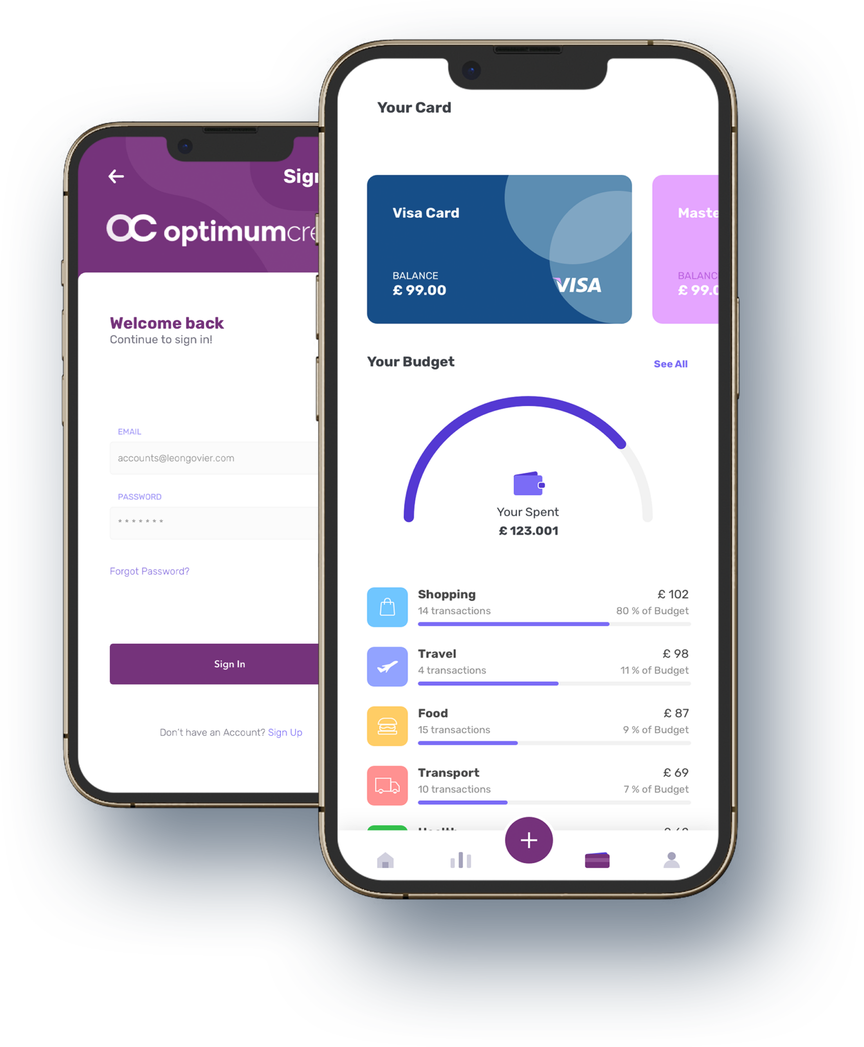 Optimum Credit — savings app, twin-phone mockup