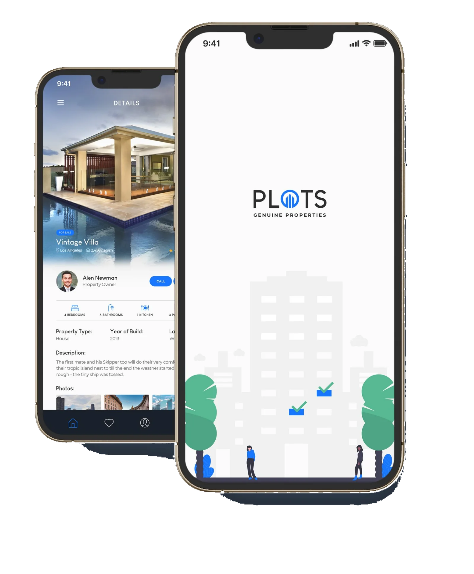 Plots — property finder app and branding, twin-phone mockup