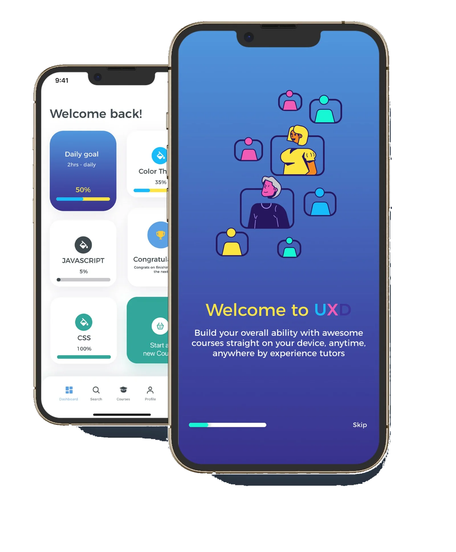 UXD — app design and branding, twin-phone mockup