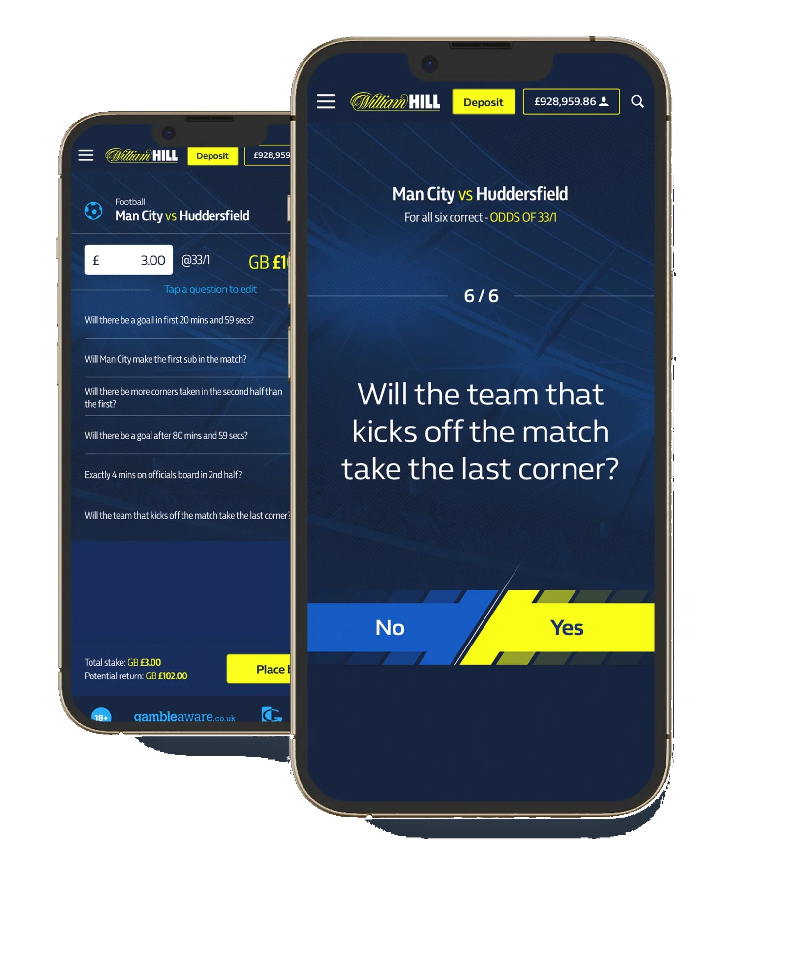 William Hill — in-app platform, twin-phone mockup